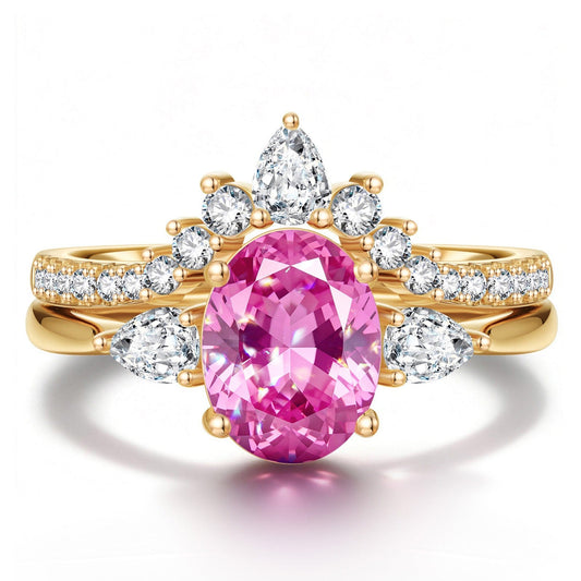 gona- Oval Brilliant Cut Fancy Vivid Rose Hue Lab-Certified Pink Sapphire - Classic Stackable Ring Sets 14K Yellow Gold Plated (Includes GRC Certification from Gemstone Research Center)