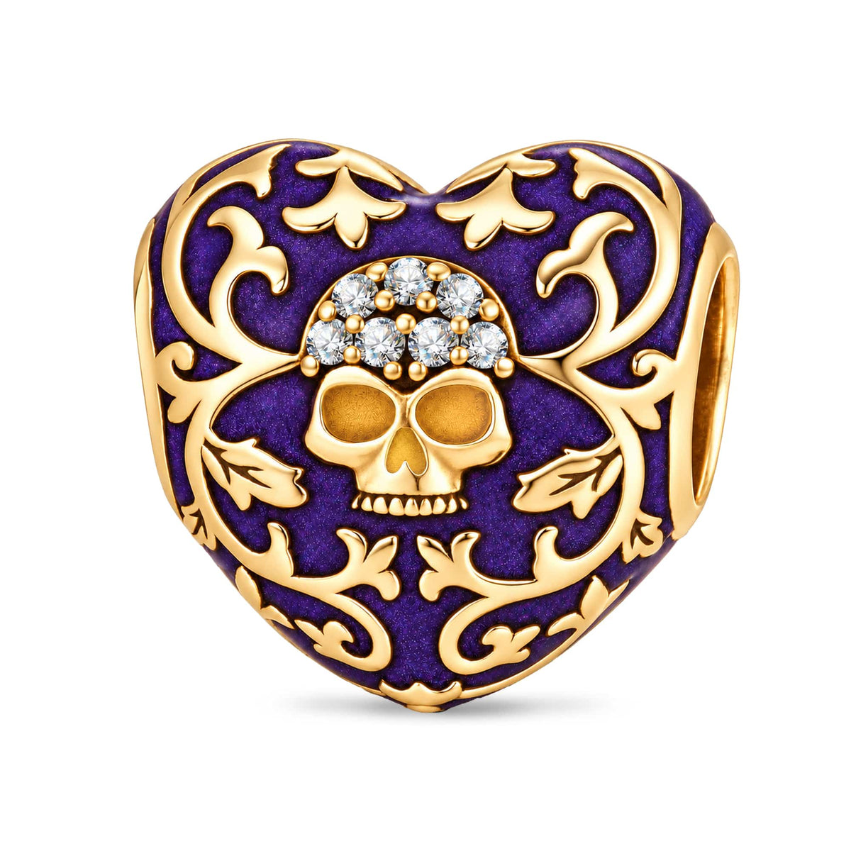 Gothic Skull Heart Filigree Charm With Purple Enamel In Tarnish-resistant Silver