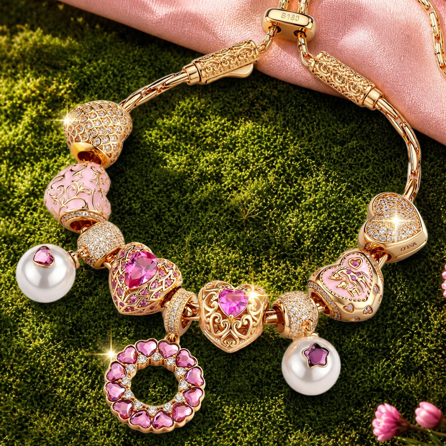 Sleeping Beauty Aurora Pink Heart Adjustable Tarnish-Resistant Silver Charm Bracelet Set In 14K Gold Plated (Includes bracelet and all charms shown)