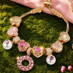 Sleeping Beauty Aurora Pink Heart Adjustable Tarnish-Resistant Silver Charm Bracelet Set In 14K Gold Plated (Includes bracelet and all charms shown)