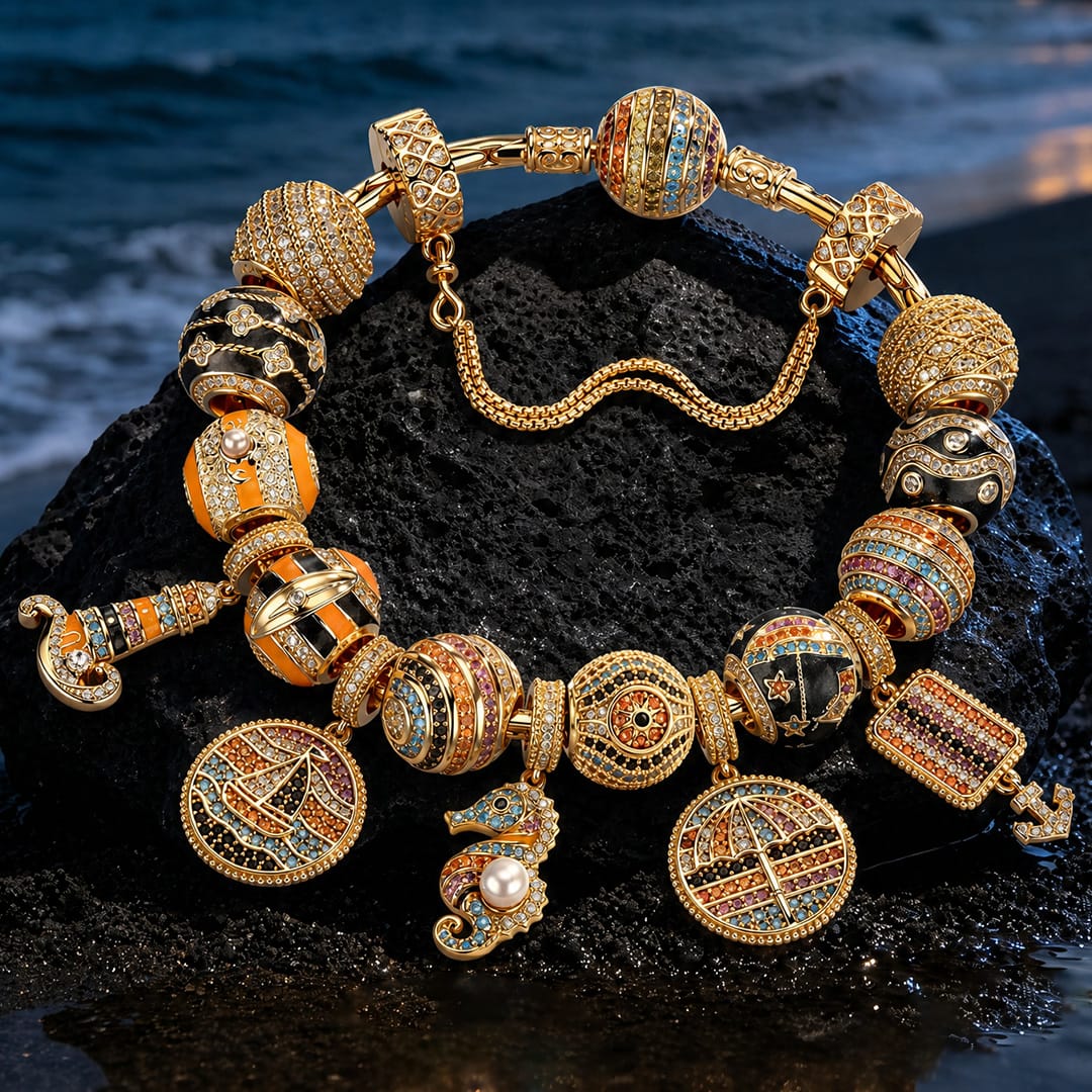 Sterling Silver Ocean Explorer Curated Charm Bracelet Set with 14K Gold Plating (Includes Bracelet And All Charms Shown)