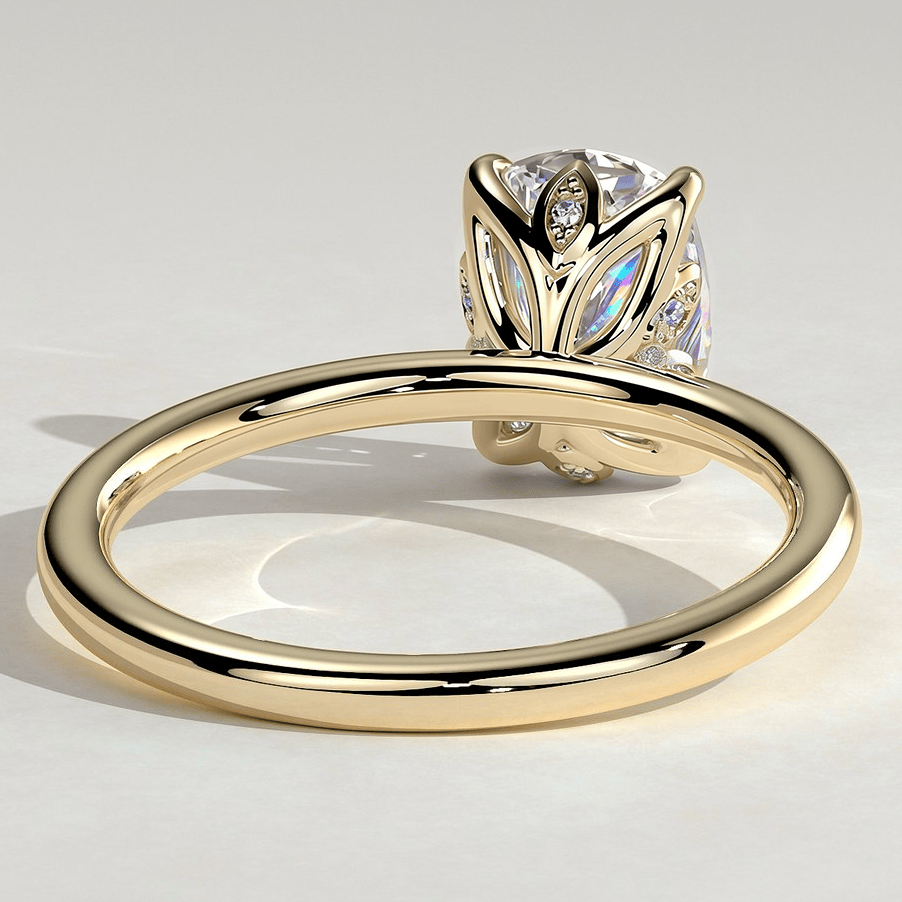 2ct Elongated Cushion Lab-Grown Diamond Ring with Petal Gallery & Leaf Detail Claw Setting Tarnish-resistant Silver In 14K Gold Plated (Includes IGI Certification from International Gemological Institute)