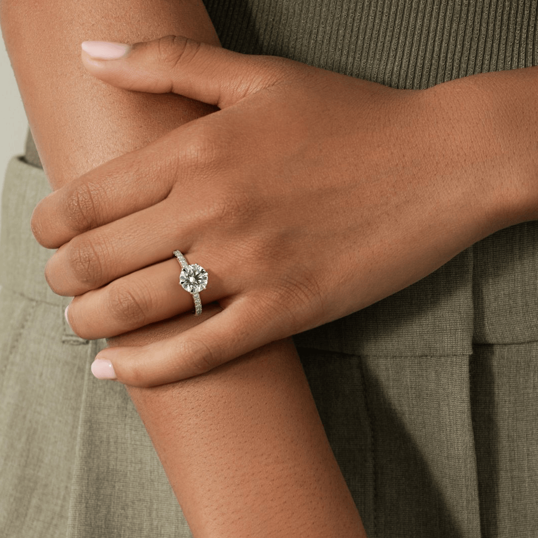 2ct Round Lab-Grown Diamond Ring with Wraparound Hidden Halo & Pave Band Cathedral Setting Tarnish-resistant Silver In 14K Gold Plated (Includes IGI Certification from International Gemological Institute)