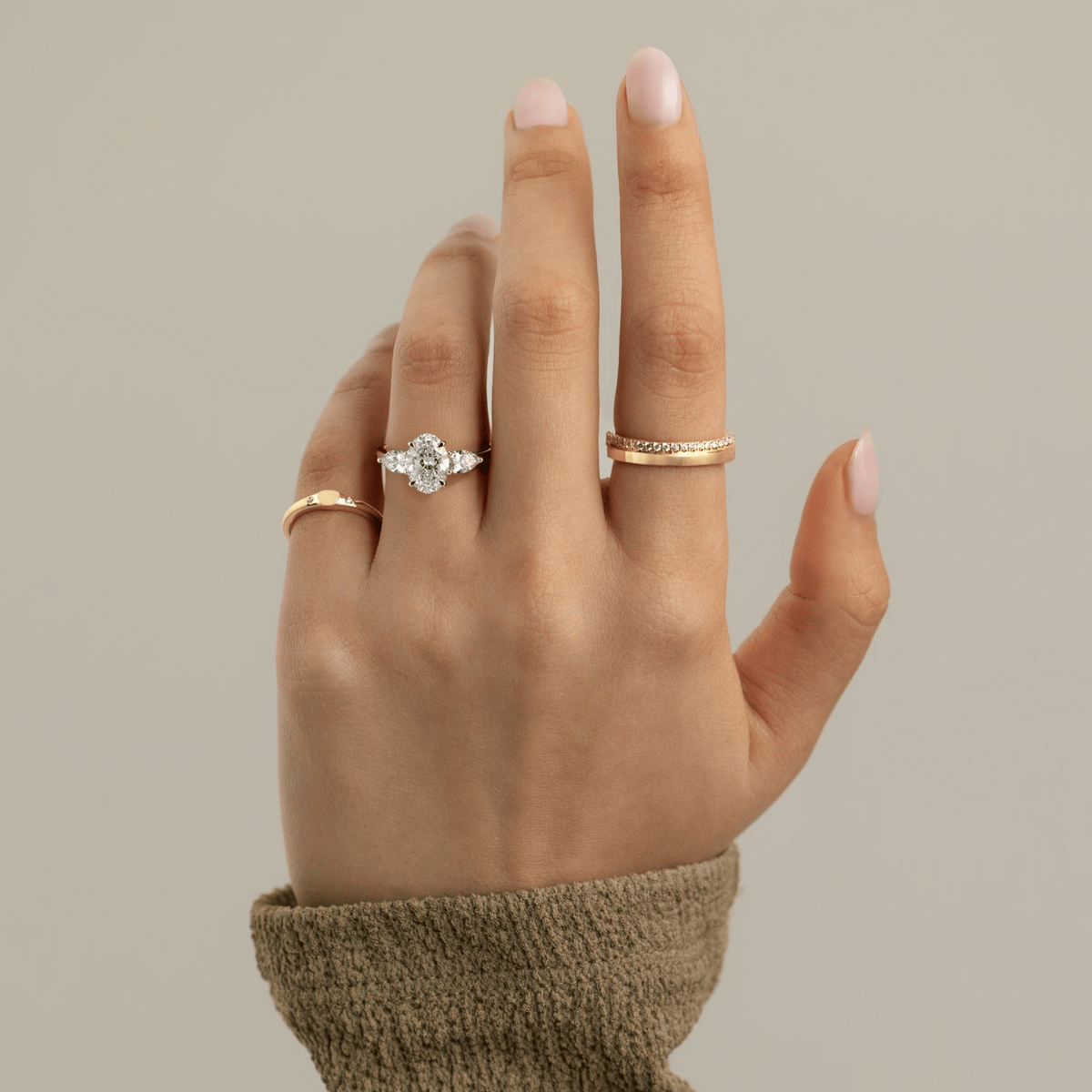 2ct Oval Lab-Grown Diamond Three-Stone Ring with Pear Accent Stones (Moissanite) Open Trellis Gallery Claw Setting Tarnish-resistant Silver In 14K Gold Plated (Includes IGI Certification from International Gemological Institute)