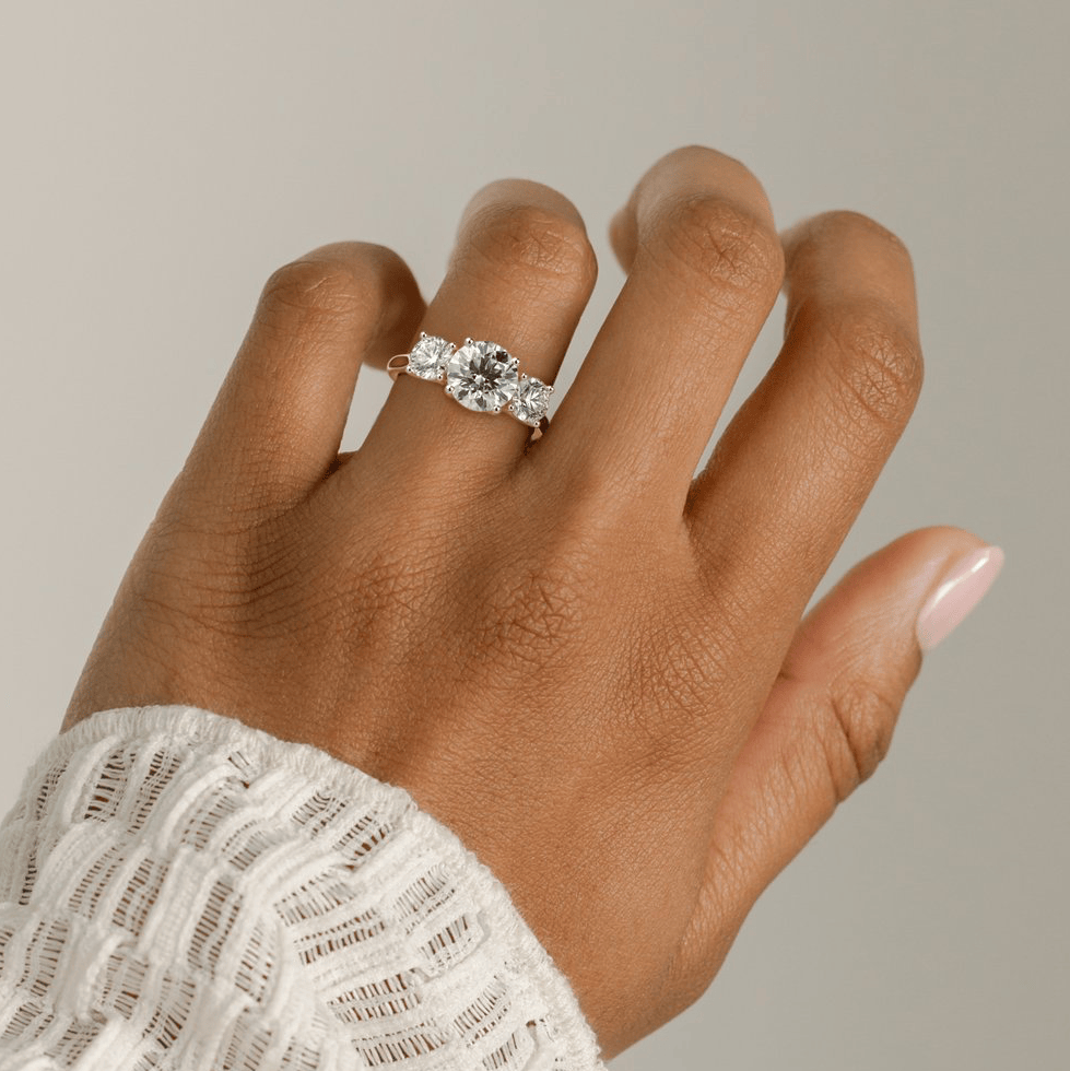 2ct Round Lab-Grown Diamond Three-Stone Ring with Round Accent Stones (Moissanite) Trellis Gallery ¡¤ Claw Setting ¡¤ Tarnish-resistant Silver In 14K Gold Plated (Includes IGI Certification from International Gemological Institute)