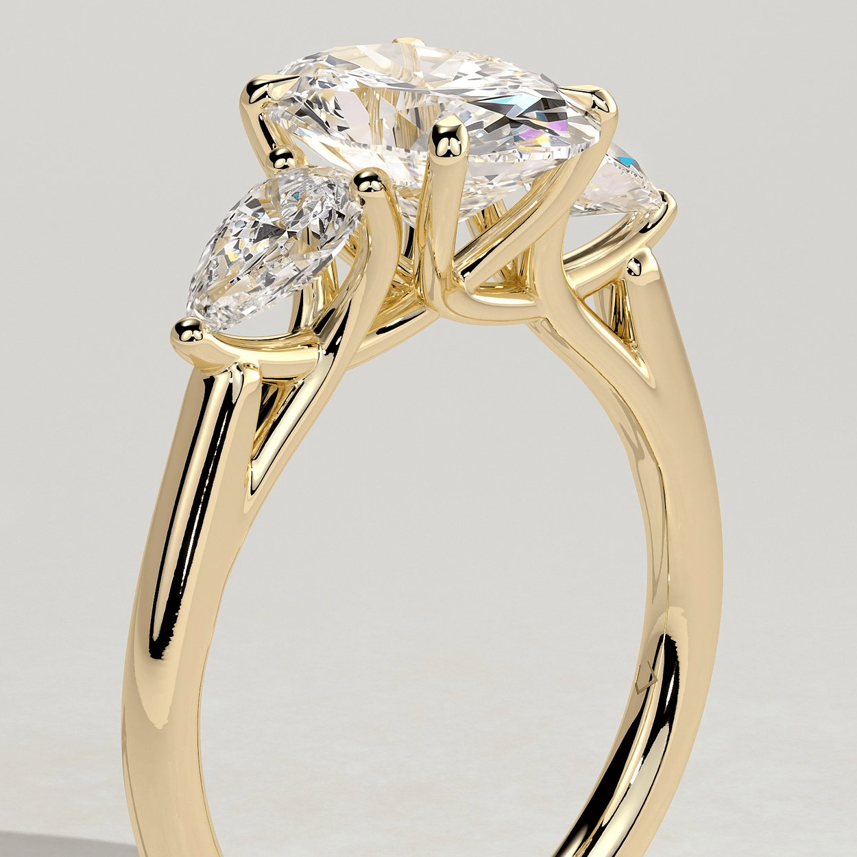 2ct Oval Lab-Grown Diamond Three-Stone Ring with Pear Accent Stones (Moissanite) Open Trellis Gallery Claw Setting Tarnish-resistant Silver In 14K Gold Plated (Includes IGI Certification from International Gemological Institute)