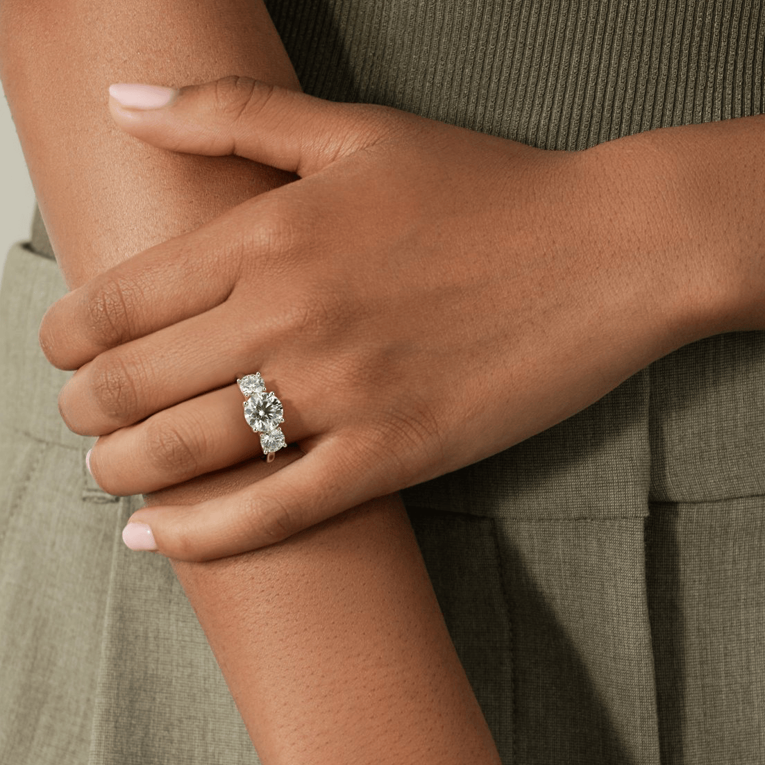 2ct Round Lab-Grown Diamond Three-Stone Ring with Round Accent Stones (Moissanite) Trellis Gallery ¡¤ Claw Setting ¡¤ Tarnish-resistant Silver In 14K Gold Plated (Includes IGI Certification from International Gemological Institute)