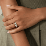 2ct Round Lab-Grown Diamond Three-Stone Ring with Round Accent Stones (Moissanite) Trellis Gallery ¡¤ Claw Setting ¡¤ Tarnish-resistant Silver In 14K Gold Plated (Includes IGI Certification from International Gemological Institute)