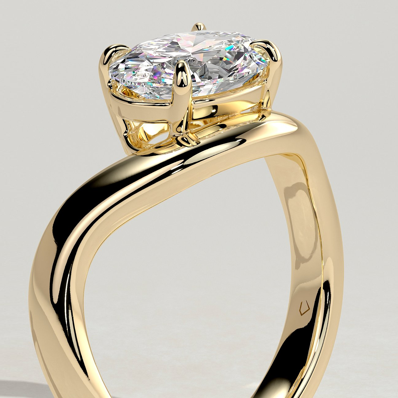 2ct Oval Lab-Grown Diamond East-West Claw Solitaire with Wave Band Engagement Ring Tarnish-resistant Silver In 14K Gold Plated (Includes IGI Certification from International Gemological Institute)