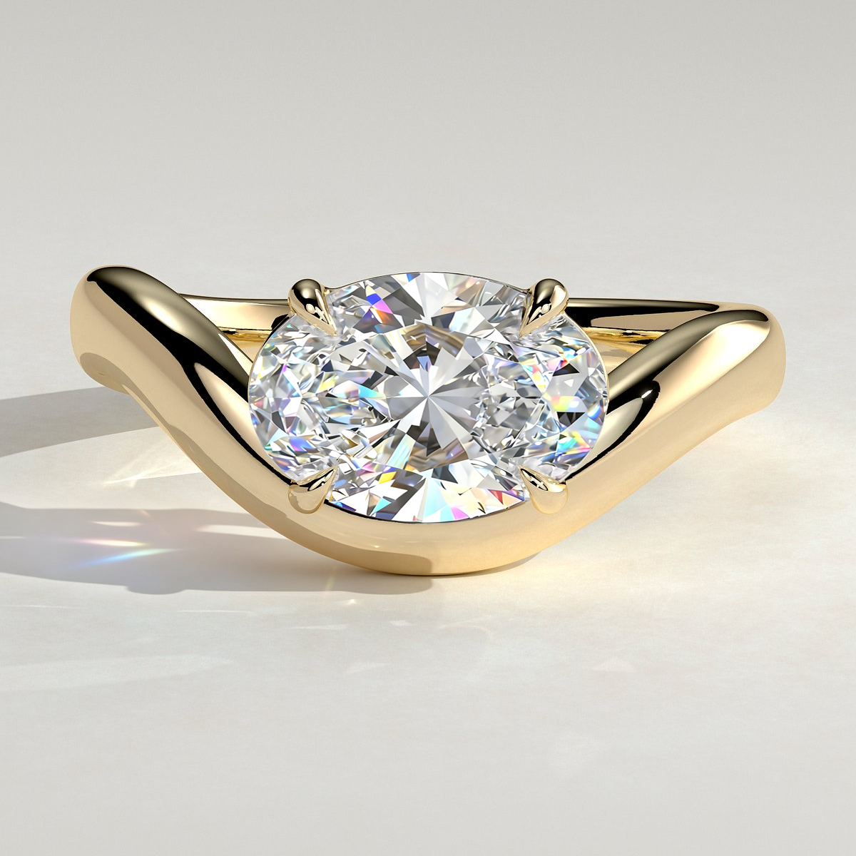 2ct Oval Lab-Grown Diamond East-West Claw Solitaire with Wave Band Engagement Ring Tarnish-resistant Silver In 14K Gold Plated (Includes IGI Certification from International Gemological Institute)