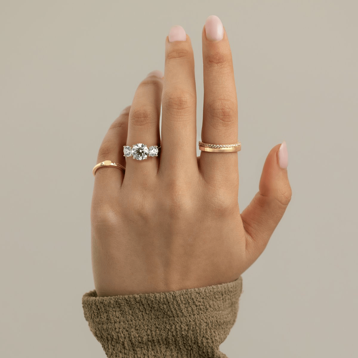 2ct Round Lab-Grown Diamond Three-Stone Ring with Round Accent Stones (Moissanite) Trellis Gallery ¡¤ Claw Setting ¡¤ Tarnish-resistant Silver In 14K Gold Plated (Includes IGI Certification from International Gemological Institute)