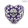 Blackened Solid 925 Sterling Silver Gothic Skull Heart Filigree Charm With Purple Enamel