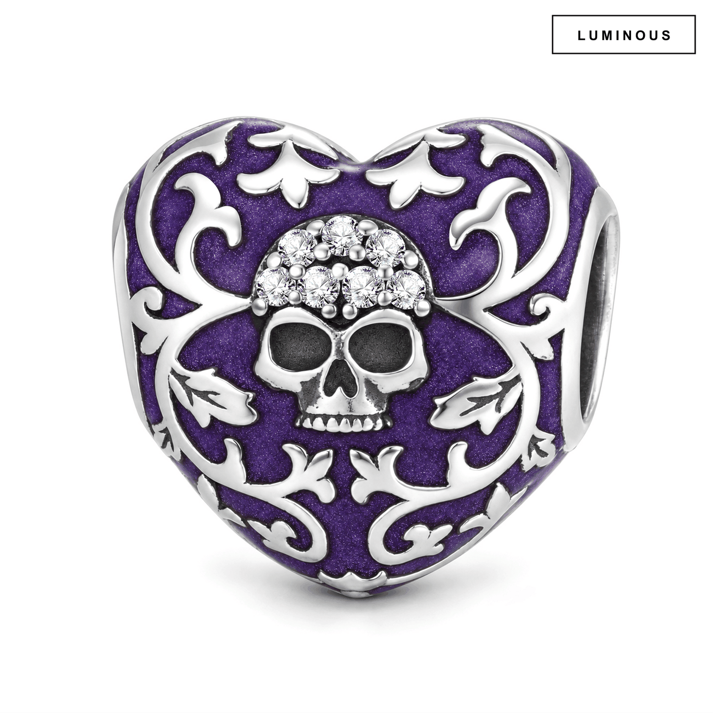 Blackened Solid 925 Sterling Silver Gothic Skull Heart Filigree Charm With Purple Enamel