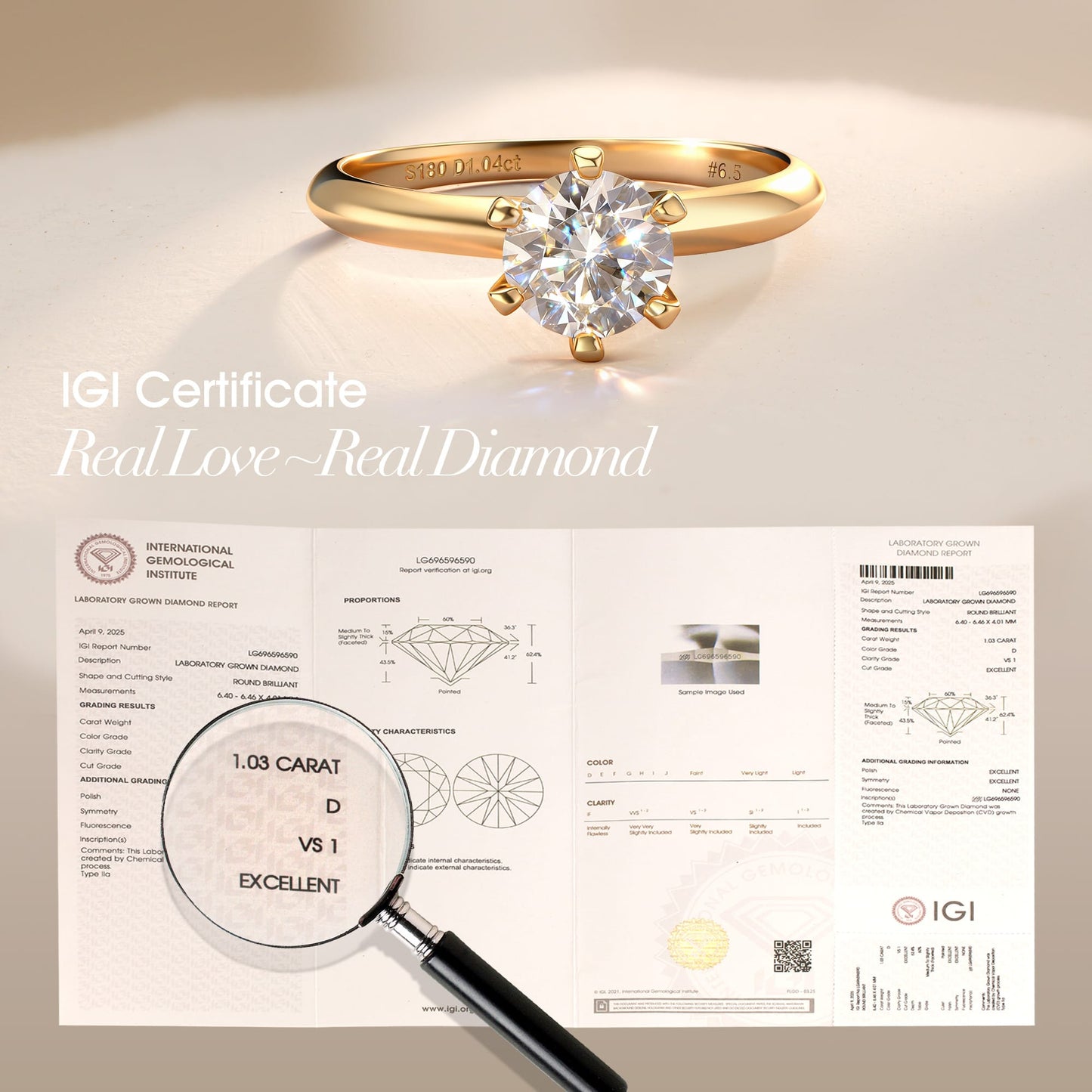 1ct Round Lab-Grown Diamond Solitaire Engagement Ring 6 Prong Claw Setting Tarnish-Resistant Silver with 14K Gold Plated (Includes IGI Certification from International Gemological Institute)