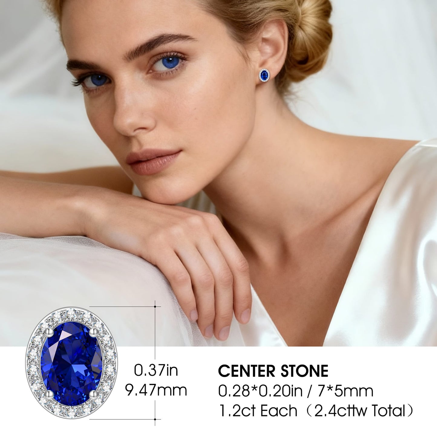 Sterling Silver 2.4 CT.TW Sapphire Lab-Created Oval Stud Earrings With 14K Gold Plating (Includes GRC Certification From Gemstone Research Center)