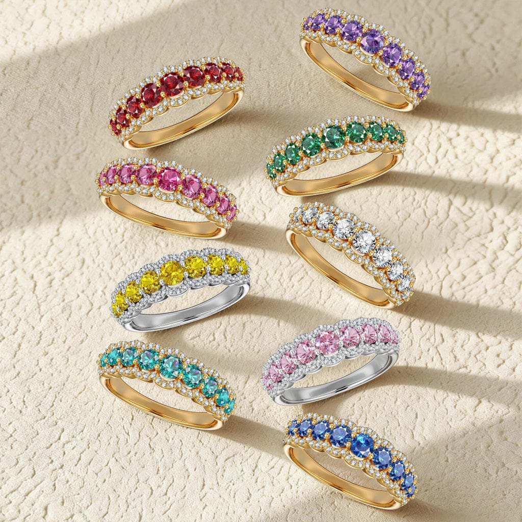 Round Brilliant Cut Royal Blue Lab-Certified Blue Sapphire - Half Eternity Ring 14K Yellow Gold Plated (Includes GRC Certification from Gemstone Research Center)