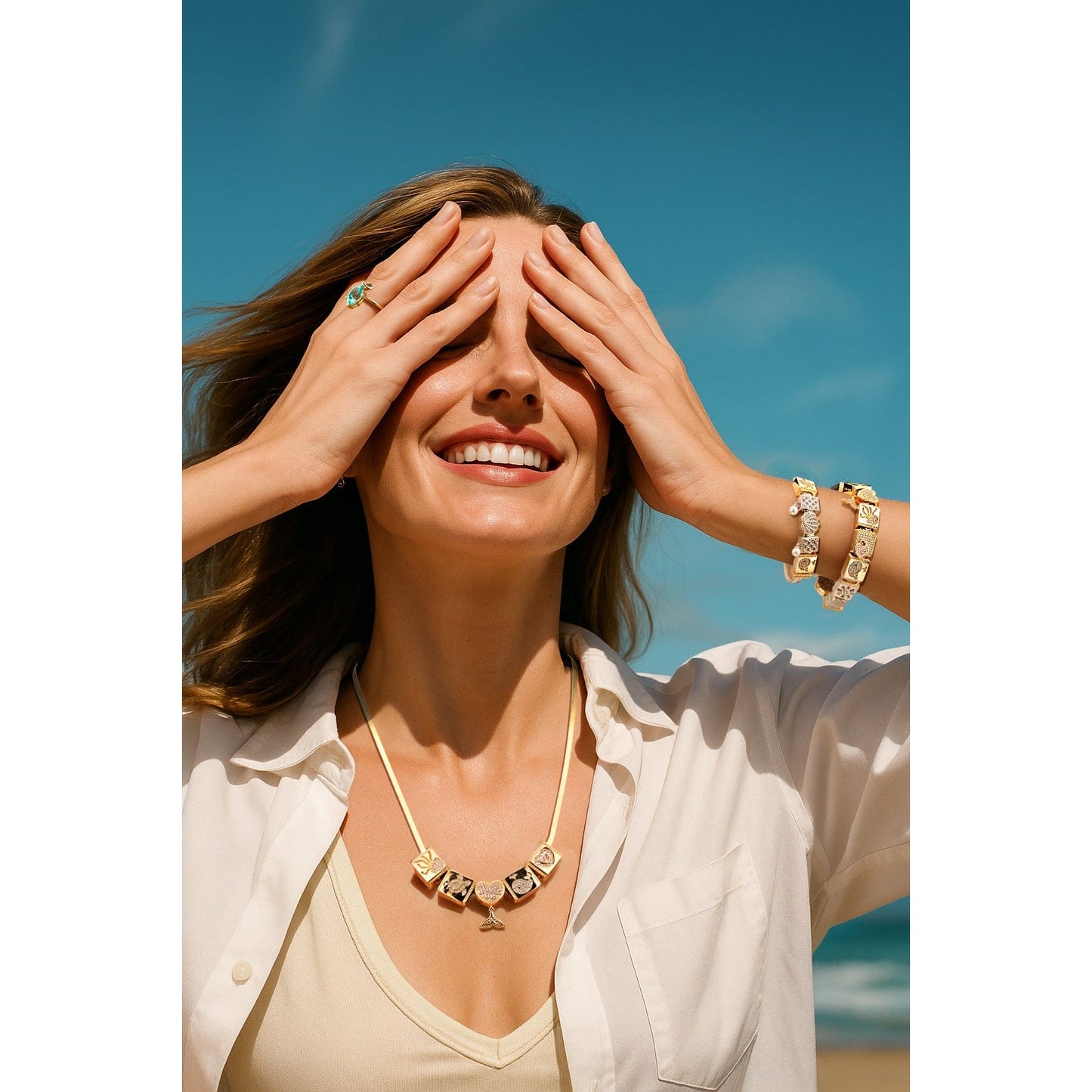 Sterling Silver Maritime Beauty Rectangular Charms Necklace Set In 14K Gold Plated