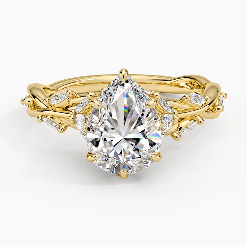 Secret Garden · 2.0 CT Pear Lab-Grown Diamond Ring with Vine Leaf Accent Band & Claw Setting in Solid 14K Yellow Gold · (Includes IGI Certification from International Gemological Institute)
