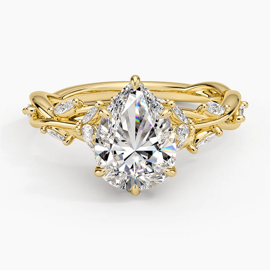 gona- Secret Garden · 2.0 CT Pear Lab-Grown Diamond Ring with Vine Leaf Accent Band & Claw Setting Tarnish-Resistant Silver In 14K Yellow Gold Plated · (Includes IGI Certification from International Gemological Institute)
