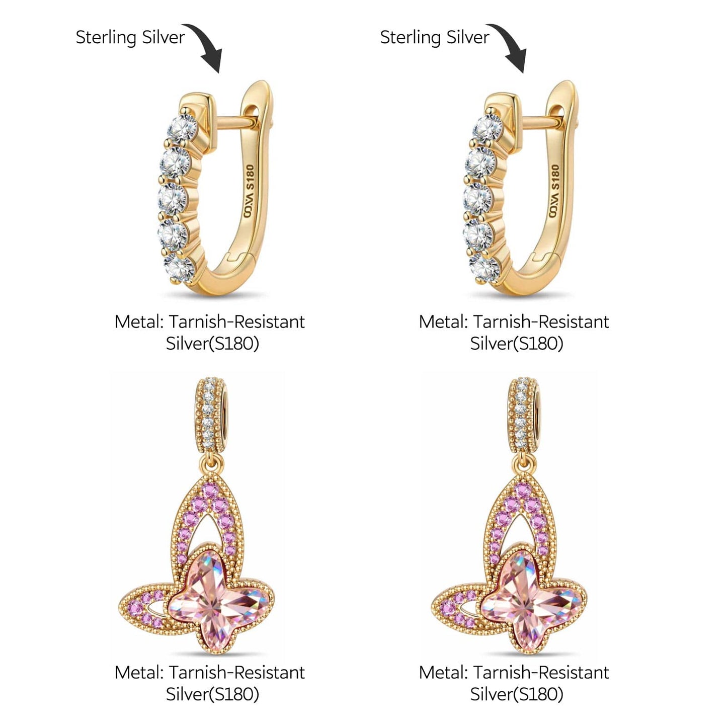 Graceful Butterfly Pink Tarnish-resistant Silver Drop Earrings In 14K Gold Plated
