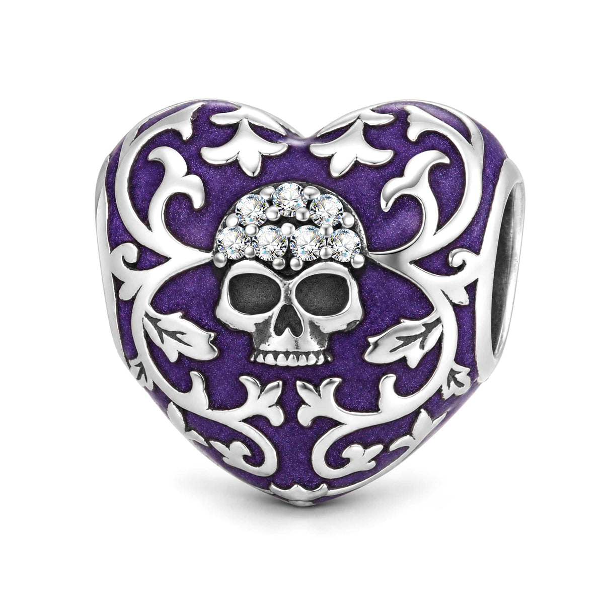 Blackened Solid 925 Sterling Silver Gothic Skull Heart Filigree Charm With Purple Enamel