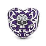 Blackened Solid 925 Sterling Silver Gothic Skull Heart Filigree Charm With Purple Enamel