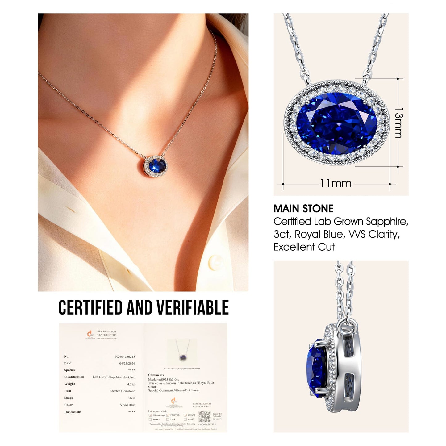 Sterling Silver 3.0 CT Sapphire Oval Pendant Necklace With White Gold Plating (Includes GRC Certification From Gemstone Research Center)