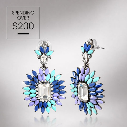 gona- Limited Time Weekend Gift (Valid Friday – Monday): Spend $200+ in a Single Purchase to Get This Ombre Blue Violet Floral Burst Drop Earrings in Gunmetal Finish for FREE (Ships With Order, No Need to Add to Cart)