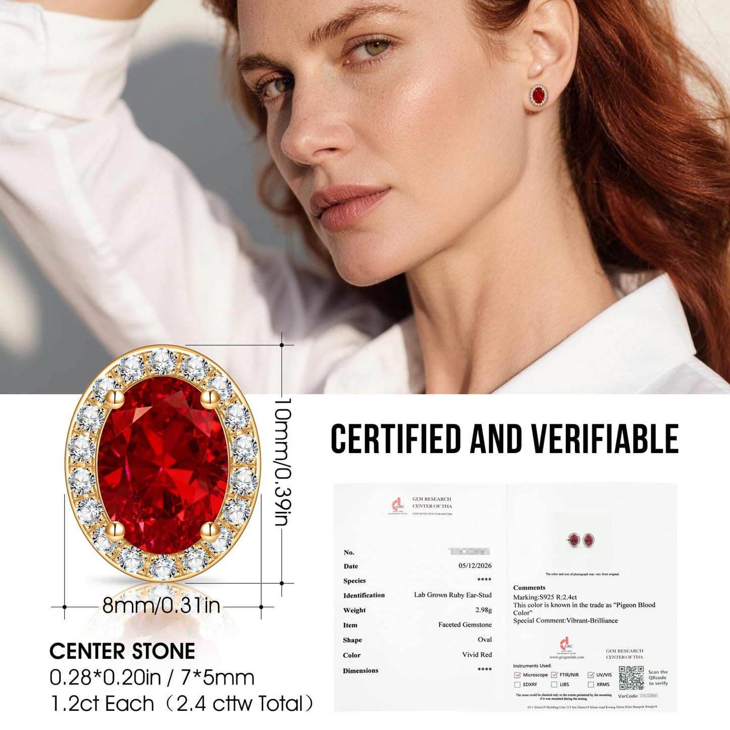 Sterling Silver 2.4 CT.TW Lab-Created Ruby Oval Stud Earrings With 14K Gold Plating (Includes GRC Certification From Gemstone Research Center)