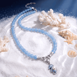 Coastal Seahorse Pearl Enamel Claddagh Hand Clasp Interchangeable Dangle Charm Holder Aquamarine Chalcedony Beaded Necklace in Tarnish-Resistant Silver