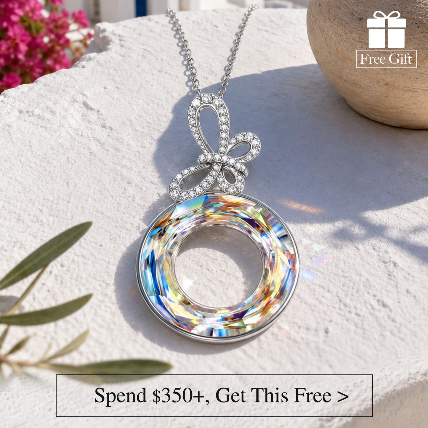 Marine Breeze Exclusive: Spend $350+ in a Single Purchase to Get This Aurora Crystal Donut Circle Pendant Necklace With Paved Crystal Bowknot in White Gold plated - Created With Swarovski® Crystal for FREE (Ships With Order, No Need to Add to Cart)