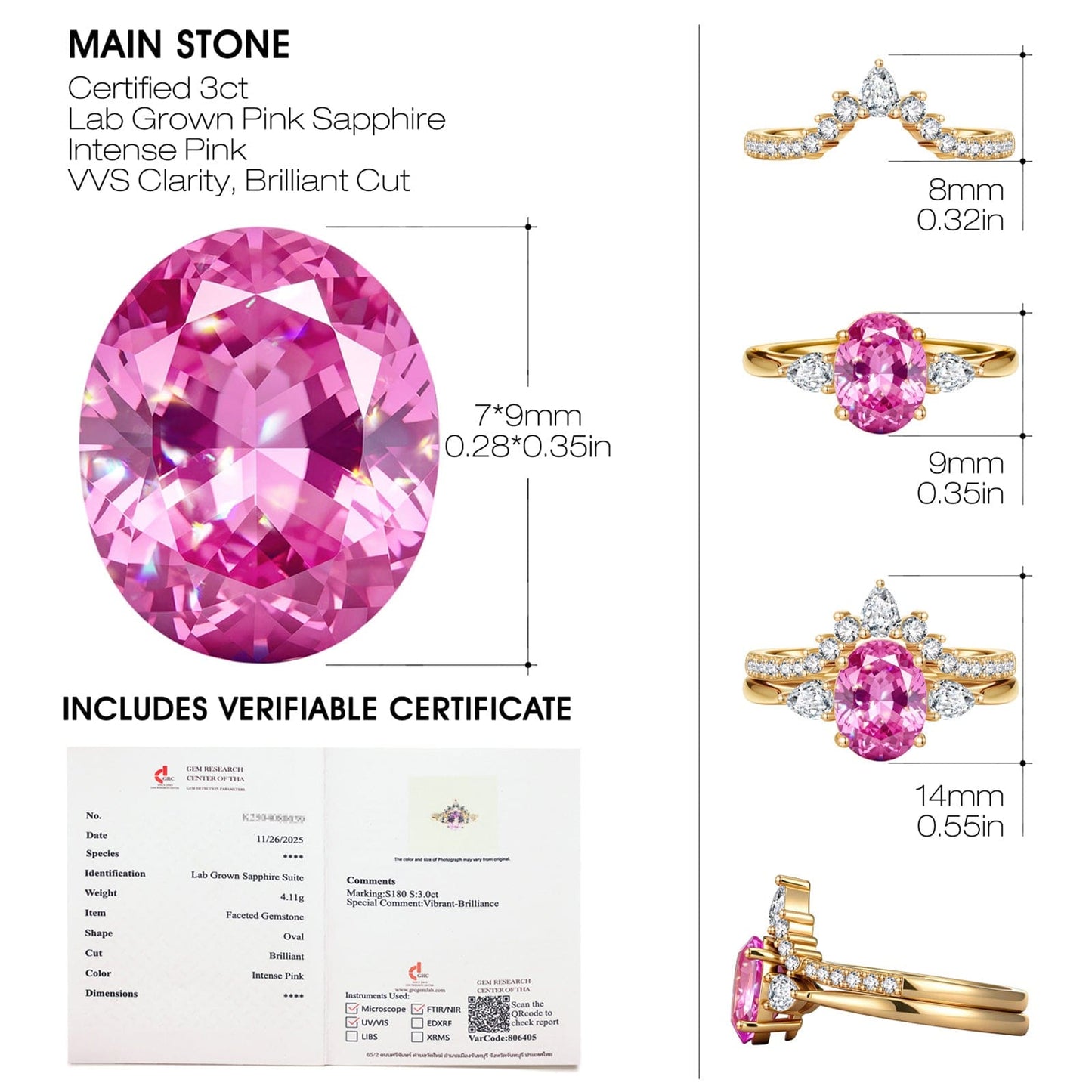 Oval Brilliant Cut Fancy Vivid Rose Hue Lab-Certified Pink Sapphire - Classic Stackable Ring Sets 14K Yellow Gold Plated (Includes GRC Certification from Gemstone Research Center)