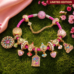 Sleeping Beauty Enchanted Fairy Blessings Pink Braided Leather & Tarnish-Resistant Silver Charm Bracelet Set In 14K Gold Plated (Includes Bracelet And All Charms Shown)