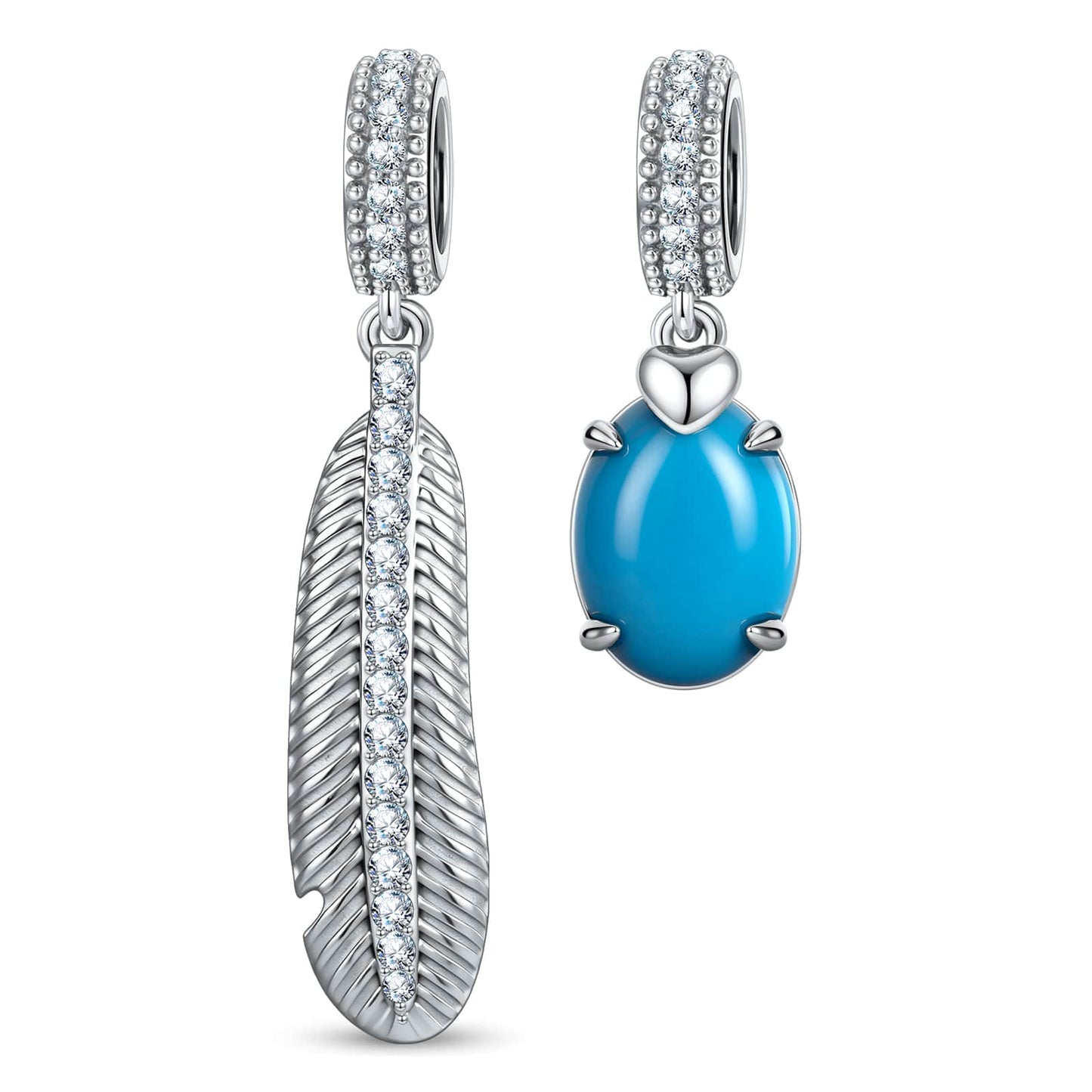 Asymmetric Feather & Turquoise Cabochon Dangle Charm in Tarnish-Resistant Silver