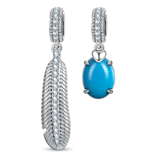 gona- Asymmetric Feather & Turquoise Cabochon Dangle Charm in Tarnish-Resistant Silver