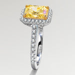 Sunlit Halo - 1.1 ct Radiant Cut Lab-Grown Fancy Vivid Yellow Diamond Ring with Diamond Halo In Tarnish-resistant Silver (Includes IGI Certification from International Gemological Institute)