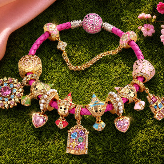 gona- Sleeping Beauty Three Good Fairies Pink Braided Leather & Tarnish-Resistant Silver Charm Bracelet Set In 14K Gold Plated (Includes bracelet and all charms shown)