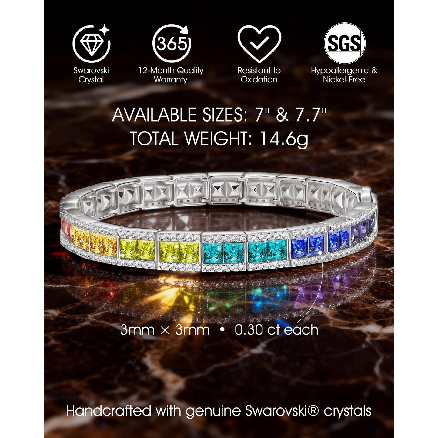 Rainbow Color Cascade Tennis Bracelet - White Gold Plated, Handcrafted with Swarovski® Crystals