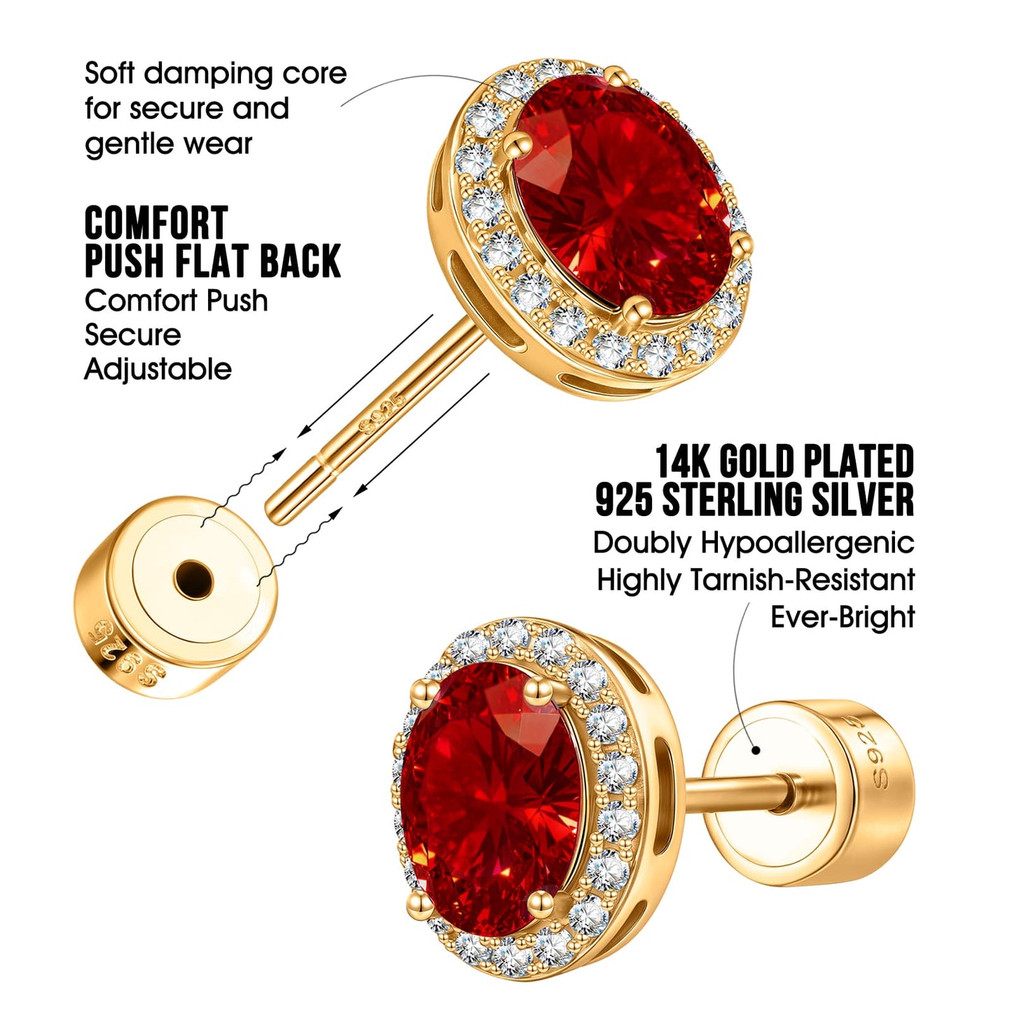 Sterling Silver 2.4 CT.TW Lab-Created Ruby Oval Stud Earrings With 14K Gold Plating (Includes GRC Certification From Gemstone Research Center)