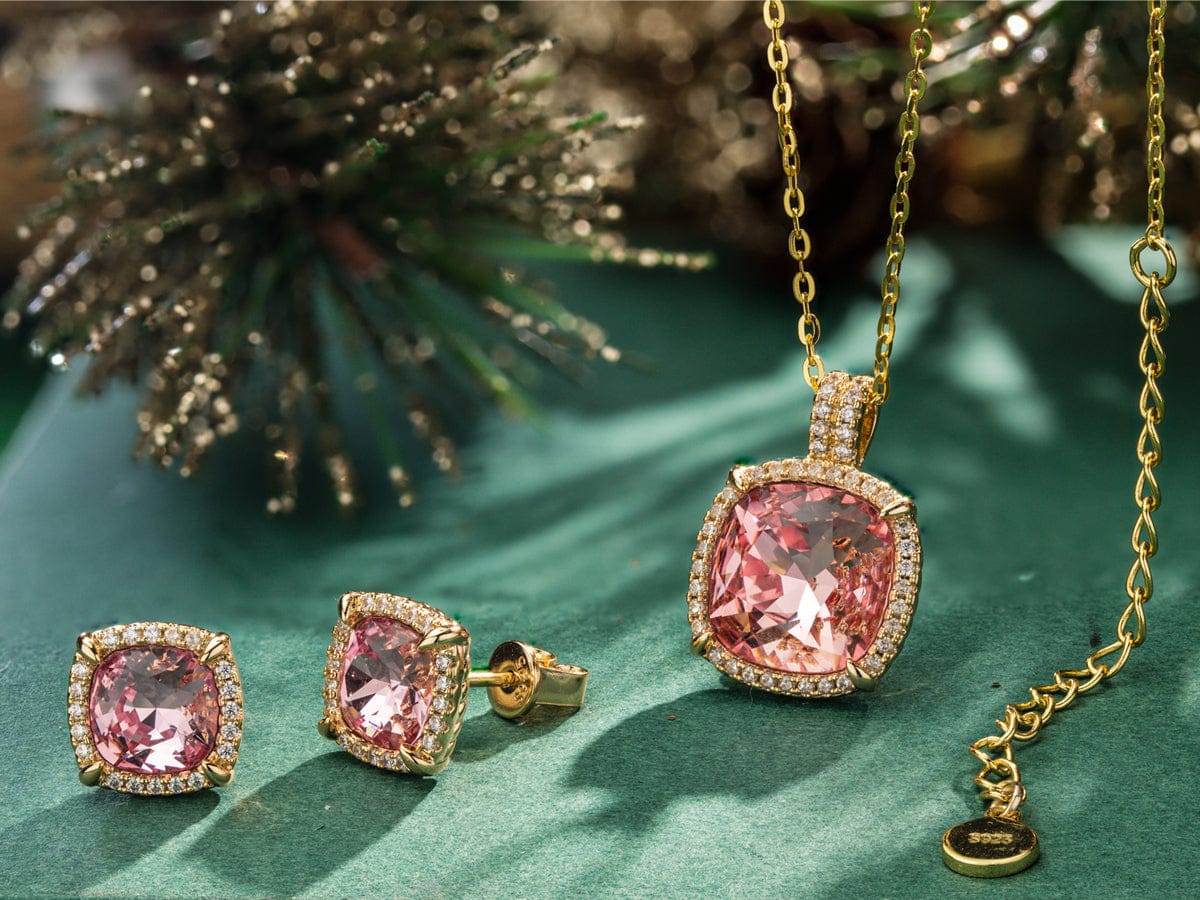 Sterling Silver Cherry Blossom Jewel Charm Necklace and Earrings Set In 14K Gold Plated - Created With SWAROVSKI® Crystals