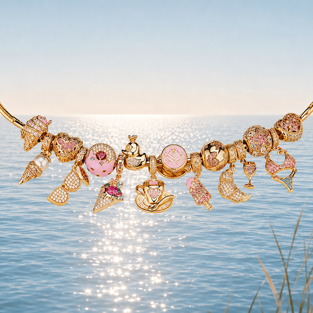 Sterling Silver Deep Marine Charm Bracelet Set in 14K Gold Plated (Includes bracelet and all charms shown)