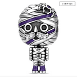 Blackened Solid 925 Sterling Silver Mystic Mummy Dangle Charm With Purple Glitter Enamel