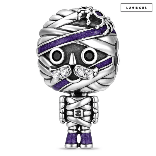 gona- Blackened Solid 925 Sterling Silver Mystic Mummy Dangle Charm With Purple Glitter Enamel