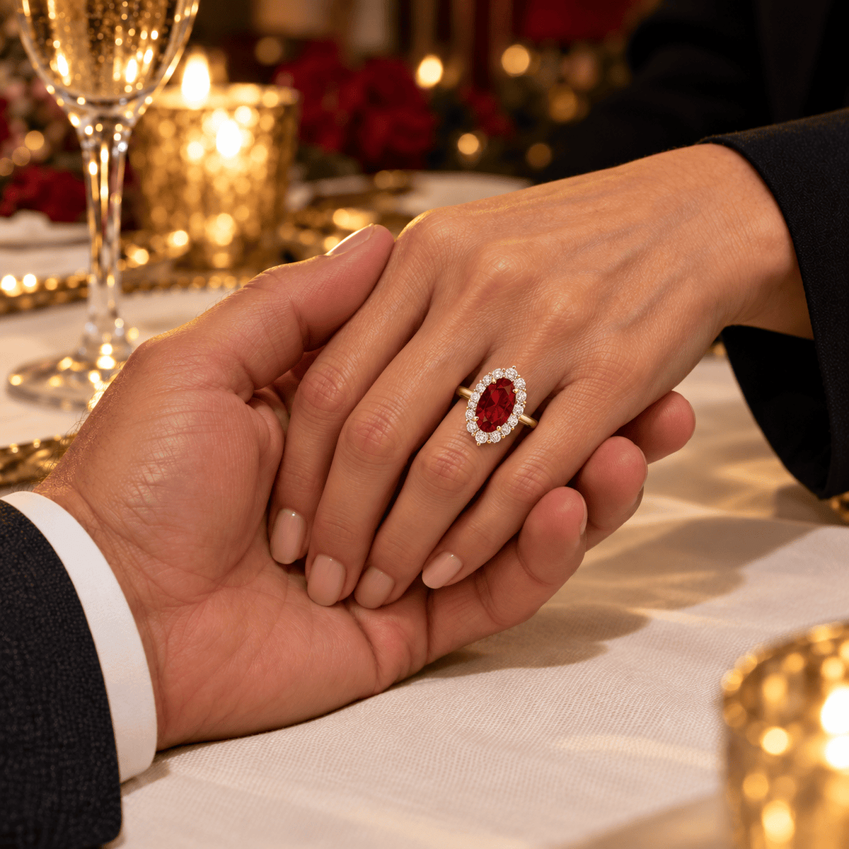 5.0 ct Oval Lab-Grown Ruby Halo Engagement Ring, Vivid Pigeon-Blood Red, Thick 14K Gold Plating over Tarnish-Resistant Silver, GRC Report Included — 40th Wedding Anniversary Gift