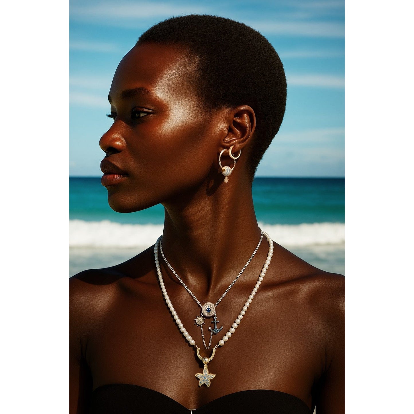 Horseshoe Tarnish-resistant Silver Pearl Necklace Starfish Charms Necklace Set In 14K Gold Plated