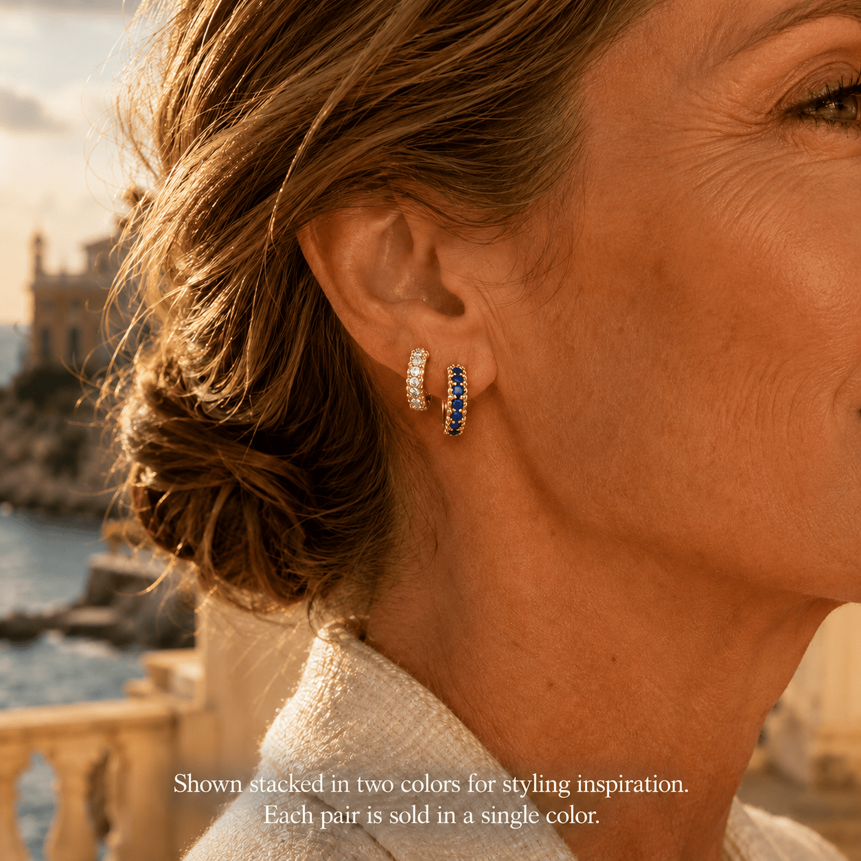 0.4 CT.TW Lab-Created Blue Sapphire Round Huggie Hoop Earrings in Tarnish-Resistant Silver, Sterling Silver Ear Post in 14K Gold Plated (Includes GRC Certification From Gemstone Research Center)