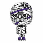 Blackened Solid 925 Sterling Silver Mystic Mummy Dangle Charm With Purple Glitter Enamel