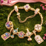 Sterling Silver Rainbow Magic Spell Book Charm Bracelet Set In 14K Gold Plated (Includes bracelet and all charms shown)