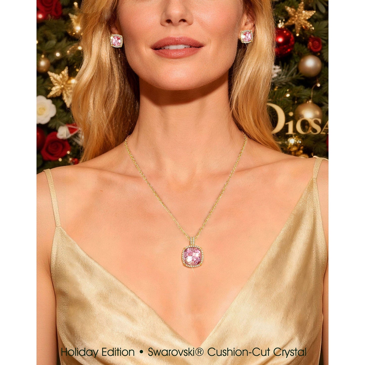 Sterling Silver Cherry Blossom Jewel Charm Necklace and Earrings Set In 14K Gold Plated - Created With SWAROVSKI® Crystals