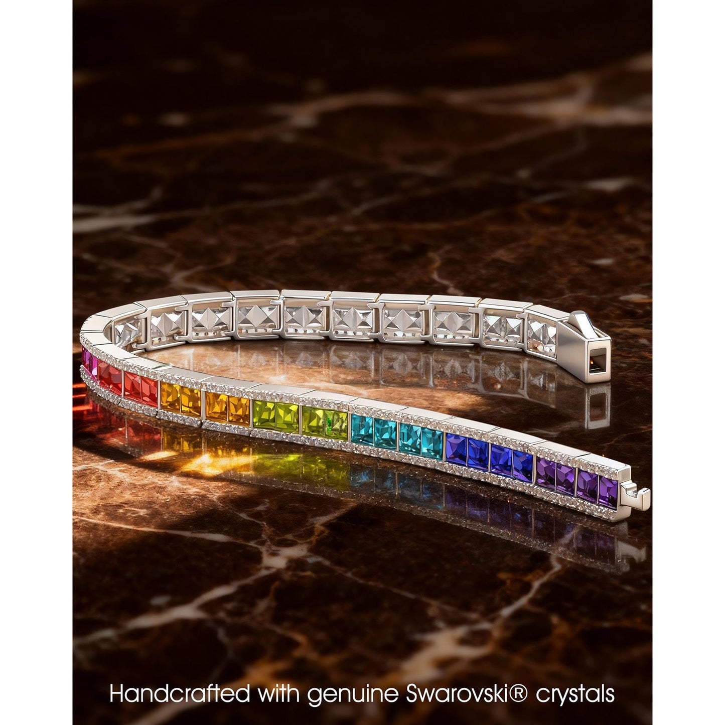 Rainbow Color Cascade Tennis Bracelet - White Gold Plated, Handcrafted with Swarovski® Crystals